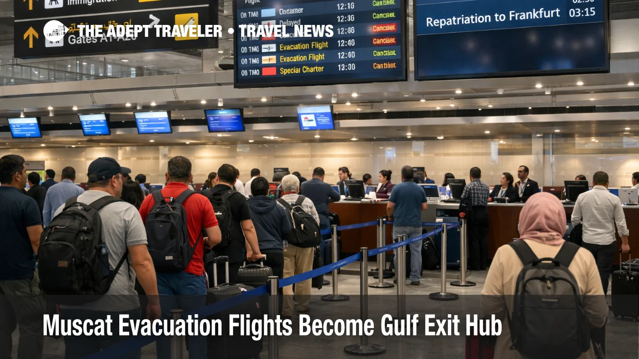 Muscat evacuation flights at MCT show queues and special departures as Gulf airspace closures persist