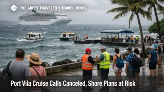 Port Vila cruise call cancellations as tenders pause in choppy harbor seas, leaving passengers waiting ashore
