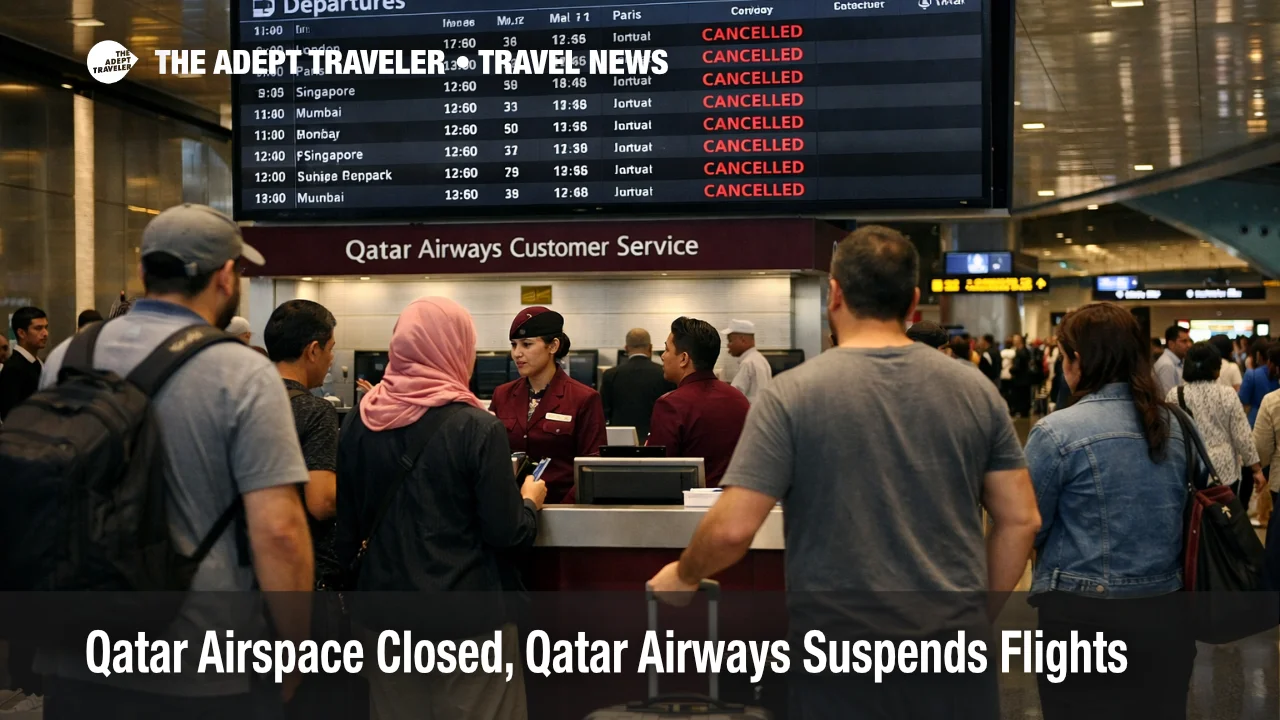 Qatar Airways flight suspension shown by canceled departures at Hamad International Airport (DOH) and rebooking lines