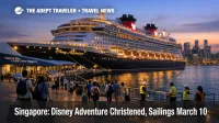 Disney Adventure cruises from Singapore begin with a launch day port scene at Marina Bay Cruise Centre and travelers boarding