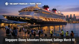 Disney Adventure cruises from Singapore begin with a launch day port scene at Marina Bay Cruise Centre and travelers boarding