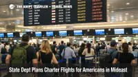 State Department charter flights context, travelers queue under cancellations on Dubai departures boards in the Middle East