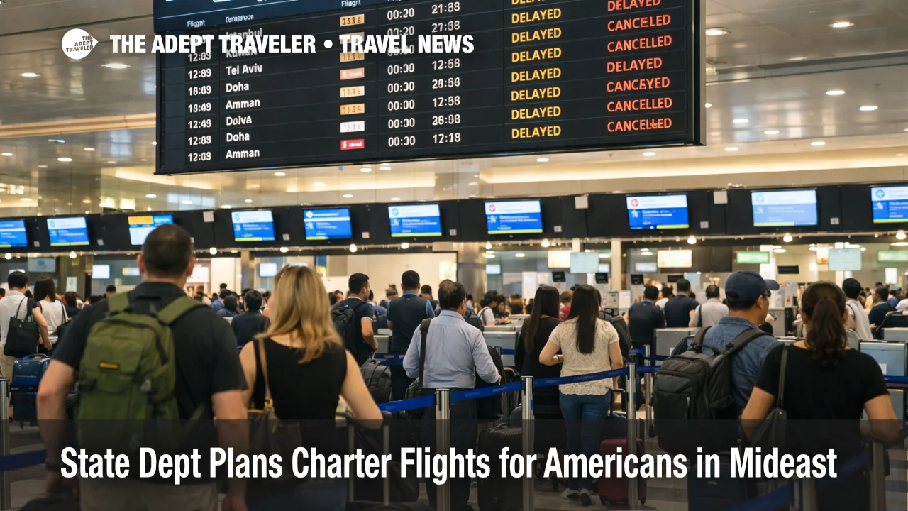 State Department charter flights context, travelers queue under cancellations on Dubai departures boards in the Middle East