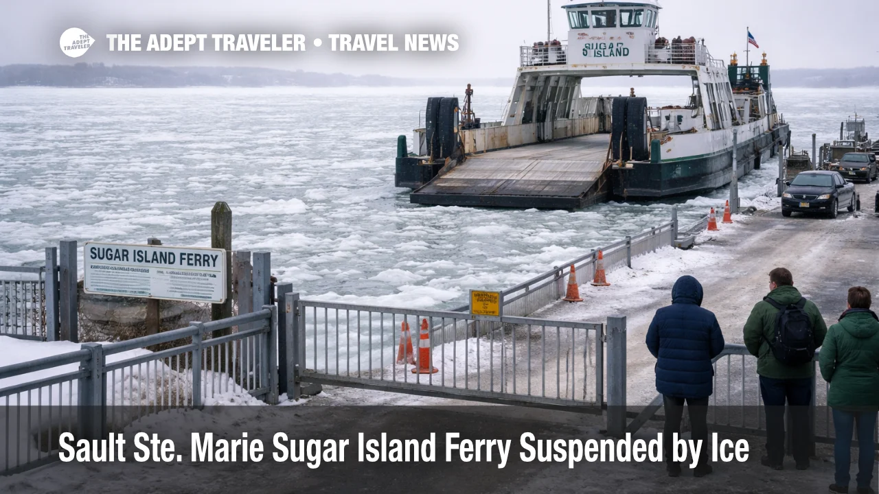 Sugar Island ferry suspension in Sault Ste. Marie, with thick ice packed at the dock blocking the crossing