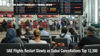 Dubai flight cancellations shown on DXB departure boards as travelers wait during limited UAE repatriation flights