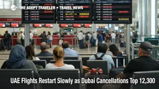Dubai flight cancellations shown on DXB departure boards as travelers wait during limited UAE repatriation flights