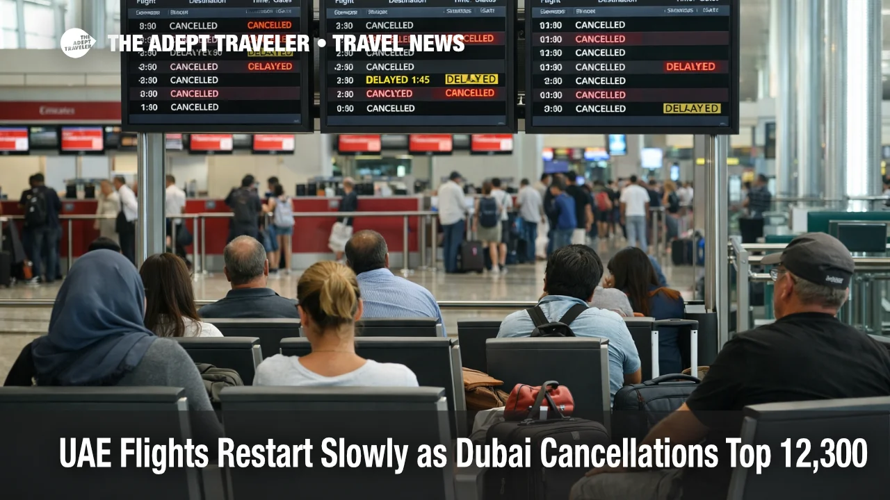 Dubai flight cancellations shown on DXB departure boards as travelers wait during limited UAE repatriation flights