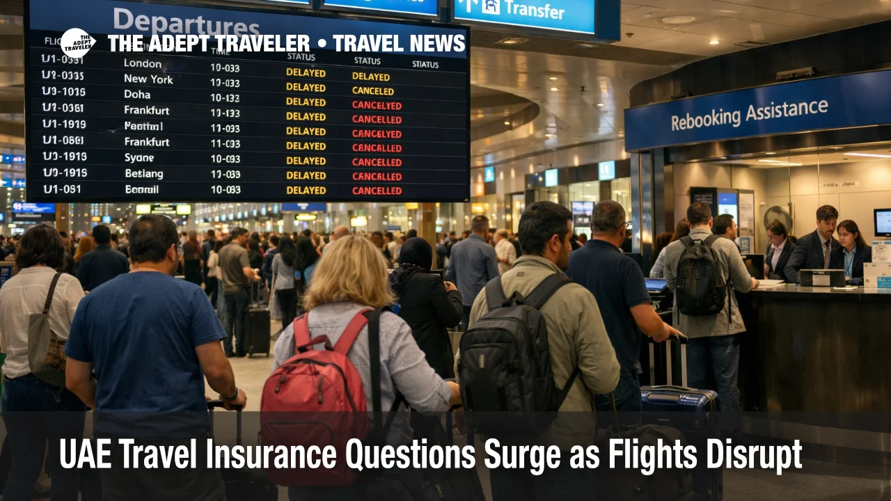 UAE travel insurance coverage questions rise as travelers wait under delay boards at Dubai International Airport