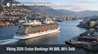 A Viking ship leaving Bergen harbor signals strong Viking 2026 cruise bookings and limited peak season cabin availability