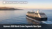 Azamara 2028 world cruise segments open, Azamara Onward sailing near Easter Island with calm seas and distant coast