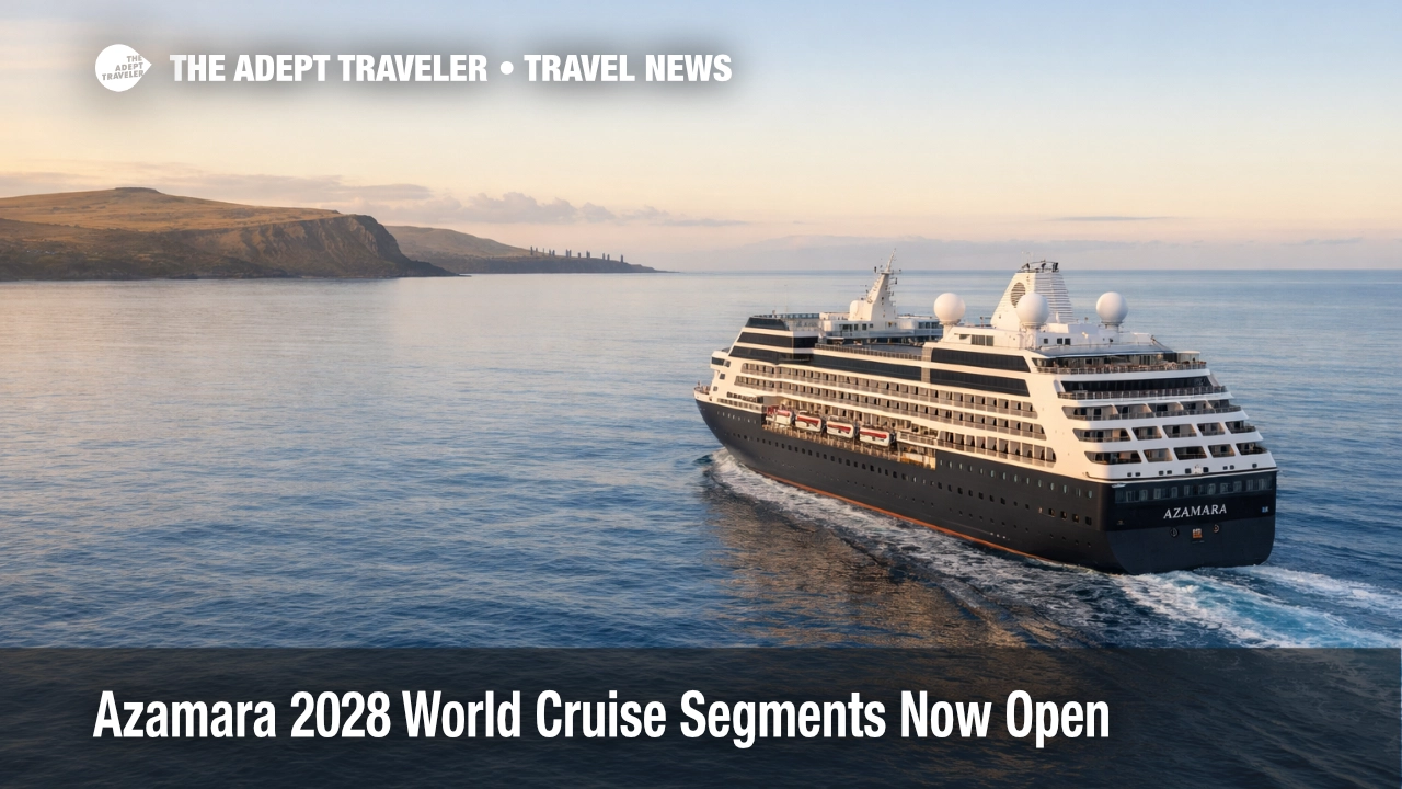 Azamara 2028 world cruise segments open, Azamara Onward sailing near Easter Island with calm seas and distant coast