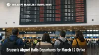 Brussels Airport March 12 strike, travelers watch cancellations on departures boards in a subdued BRU terminal