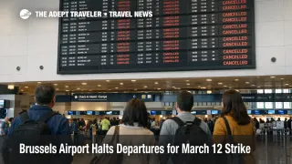 Brussels Airport March 12 strike, travelers watch cancellations on departures boards in a subdued BRU terminal