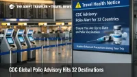 Travelers review CDC global polio advisory guidance at an airport check in hall before international Spring Break flights
