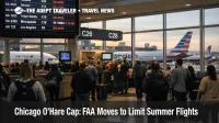 Chicago O'Hare flight cap risk, travelers wait under a departures board showing retimed flights at ORD