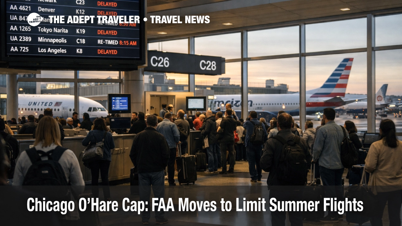 Chicago O'Hare flight cap risk, travelers wait under a departures board showing retimed flights at ORD