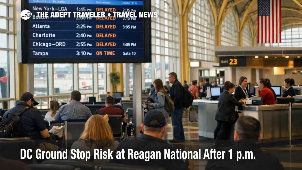 Reagan National ground stop risk scene with DCA departures board showing delays and travelers waiting at gates
