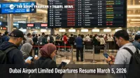 Dubai airport limited departures, passengers watch a departures board with cancellations and a few active flights