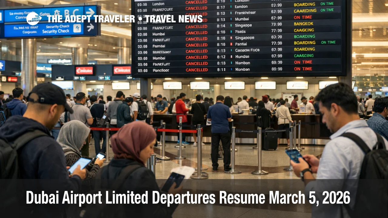 Dubai airport limited departures, passengers watch a departures board with cancellations and a few active flights