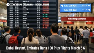 Emirates Dubai restart flights, travelers watch limited departures on a DXB departures board on March 5, 2026