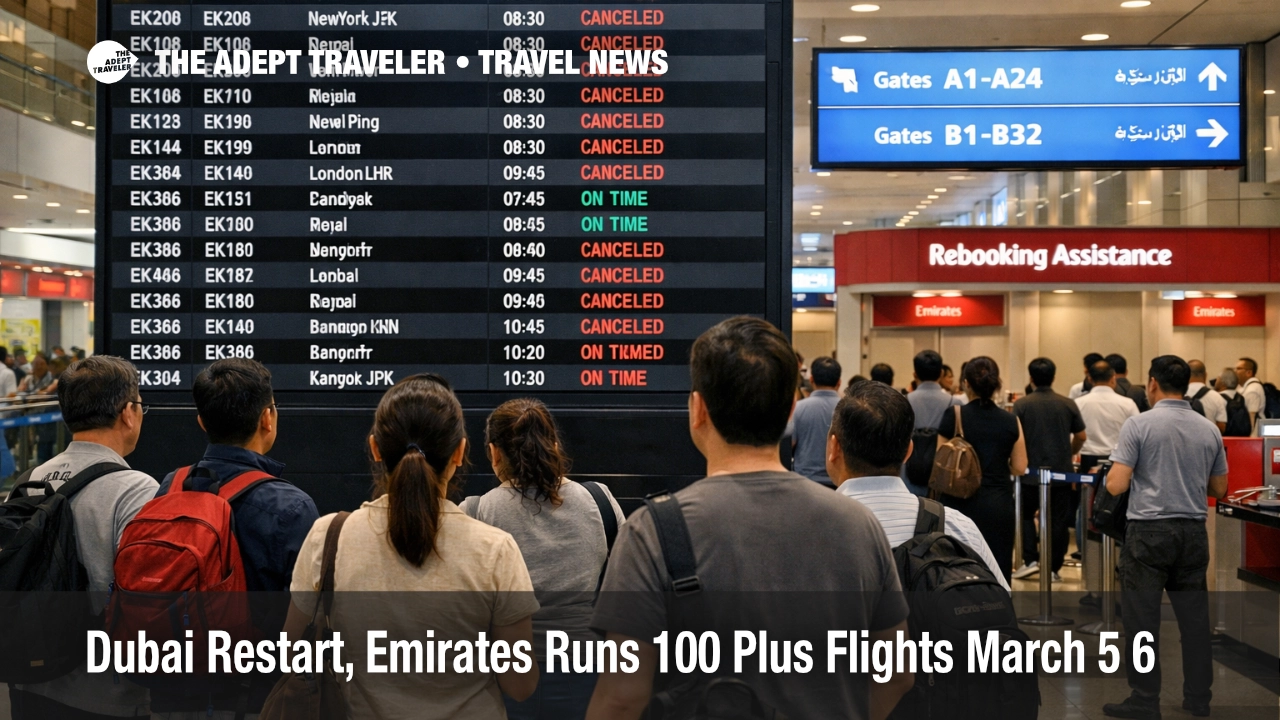 Emirates Dubai restart flights, travelers watch limited departures on a DXB departures board on March 5, 2026