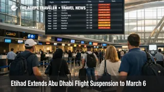 Etihad Abu Dhabi flight suspension shown on AUH departure boards as stranded passengers wait to rebook