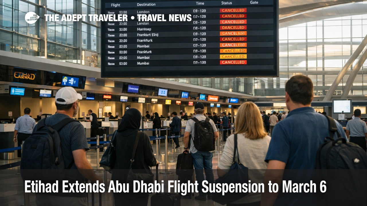 Etihad Abu Dhabi flight suspension shown on AUH departure boards as stranded passengers wait to rebook