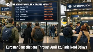 Eurostar cancellations April 2026 shown on boards at Paris Gare du Nord, with travelers waiting near departures