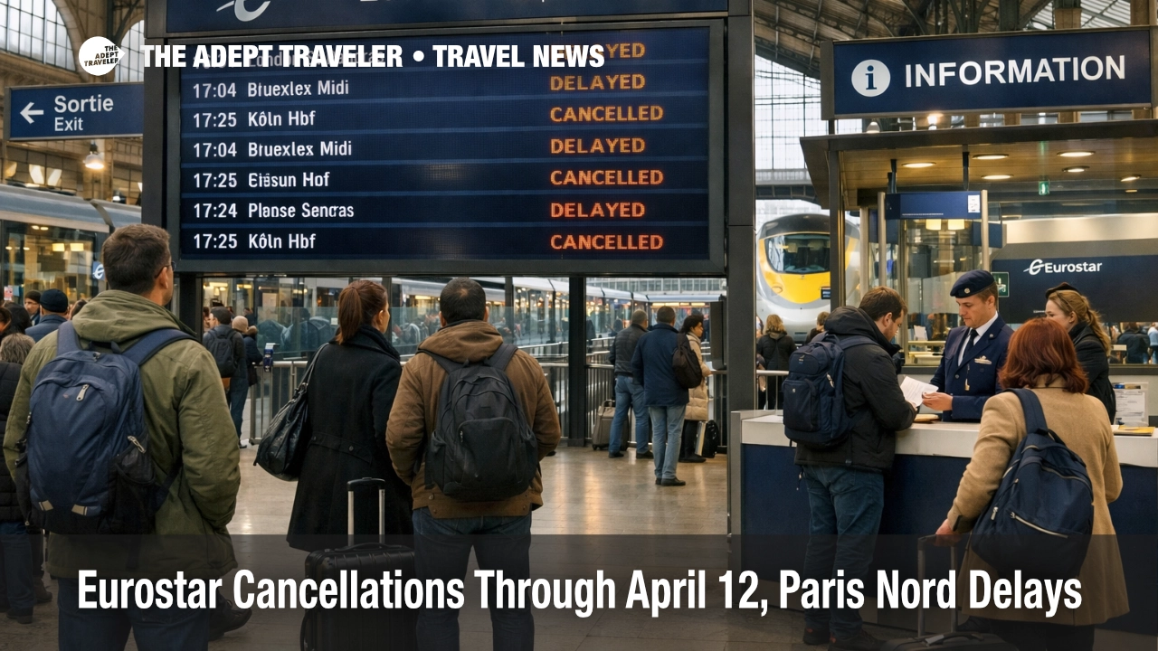 Eurostar cancellations April 2026 shown on boards at Paris Gare du Nord, with travelers waiting near departures