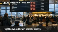 U.S. flight delays March 5 at JFK show delayed boards and waiting passengers during low clouds and light rain