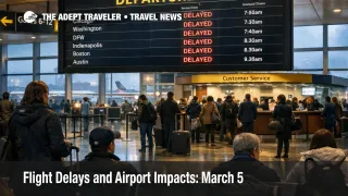 U.S. flight delays March 5 at JFK show delayed boards and waiting passengers during low clouds and light rain