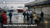 Travelers wait at Piraeus as the Greece ferry strike March 5 halts island sailings and same day transfers