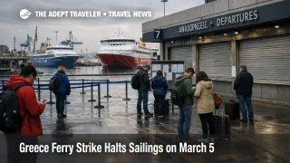 Travelers wait at Piraeus as the Greece ferry strike March 5 halts island sailings and same day transfers