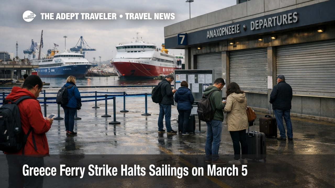 Travelers wait at Piraeus as the Greece ferry strike March 5 halts island sailings and same day transfers