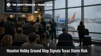 Houston Hobby ground stop context, travelers watch delayed departures board at HOU as storm risk builds across Texas