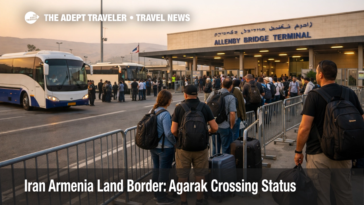 Iran Armenia land border crossing scene at Agarak with travelers queued at control booths under overcast skies