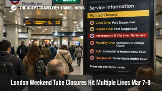 London Tube weekend closures shown on a concourse board as travelers reroute through central London on March 7 and 8