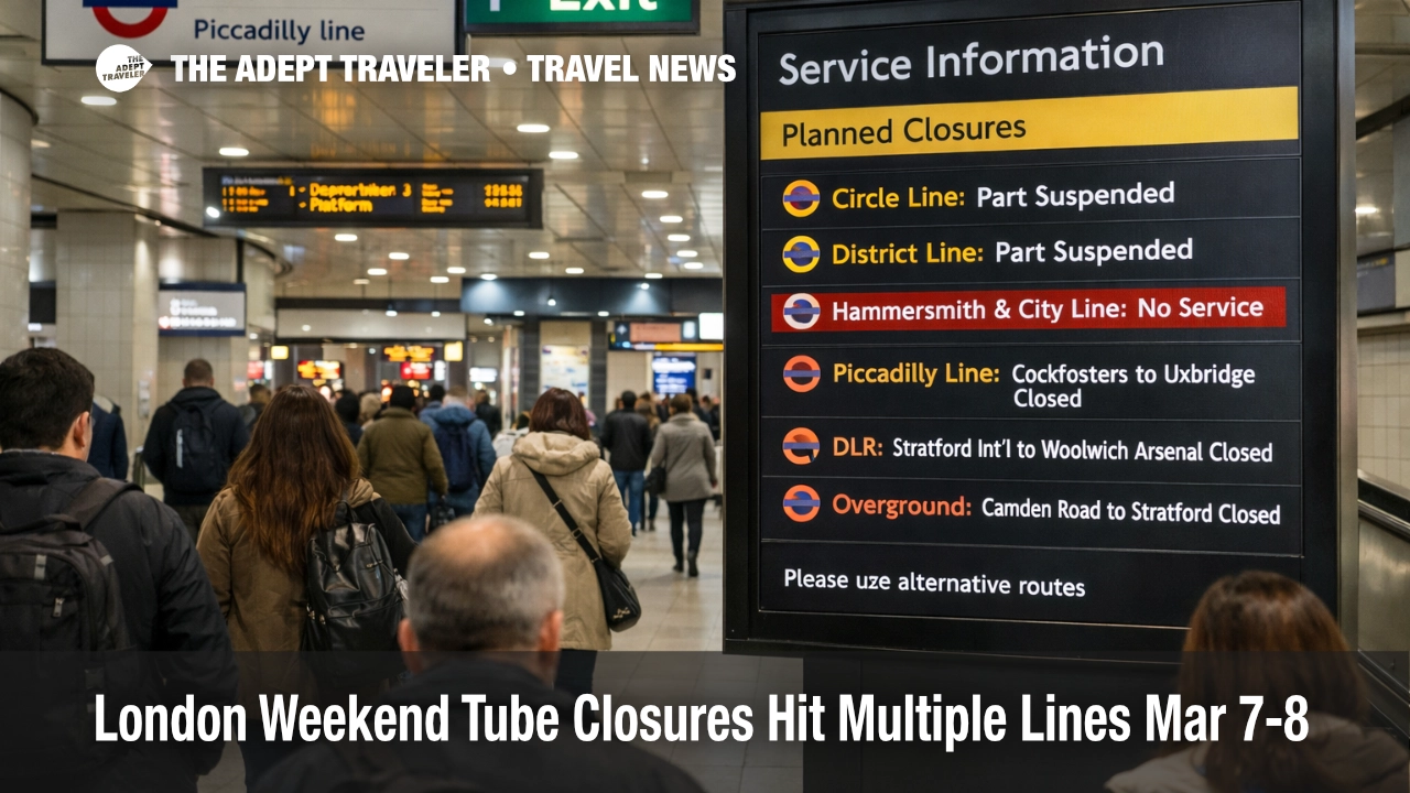 London Tube weekend closures shown on a concourse board as travelers reroute through central London on March 7 and 8