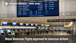Miami to Venezuela flights restart context, empty MIA departures hall with a board listing Caracas and Maracaibo