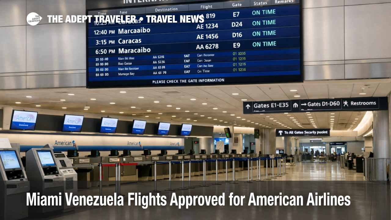Miami to Venezuela flights restart context, empty MIA departures hall with a board listing Caracas and Maracaibo
