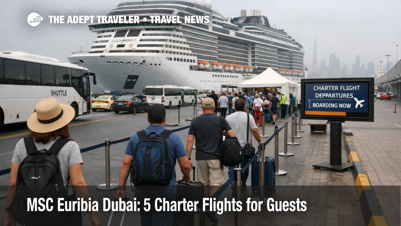 MSC Euribia charter flights, organized transfers at Dubai cruise terminal as guests queue for repatriation departures