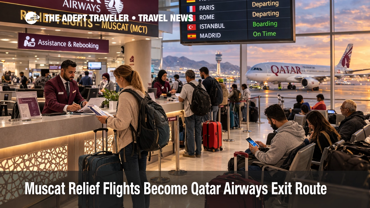 Qatar Airways relief flights Muscat, passengers queue at MCT check in as Doha remains closed and exits shift to Oman
