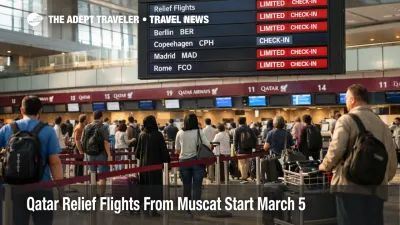 Qatar Airways relief flights Muscat check in queues at MCT as Doha stays shut and Europe departures restart