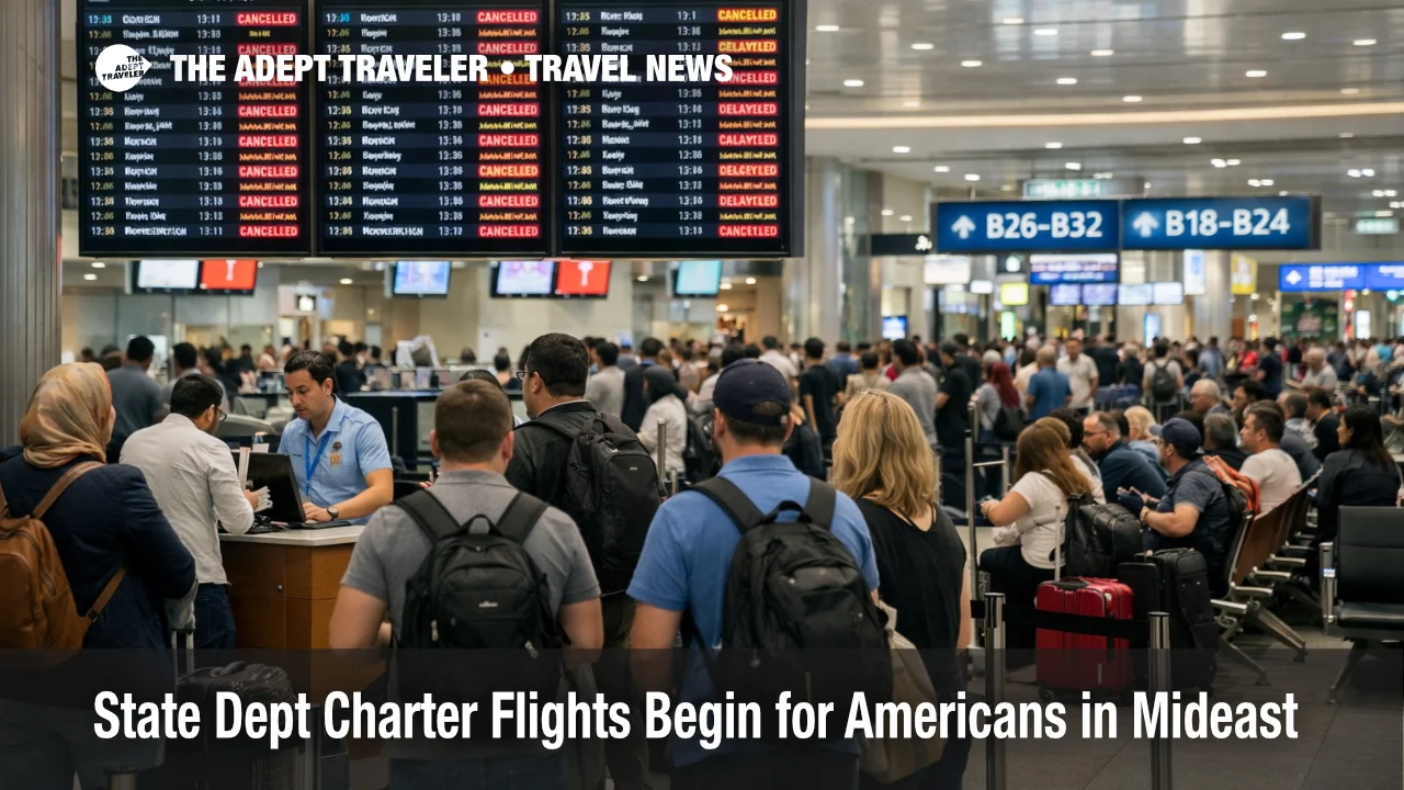 State Department charter flights Middle East, travelers wait under cancellations at Dubai International Airport
