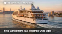Avora Lumina residential cruise launch scene near Lisbon as the converted small ship begins its 2028 sales era