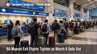 BA Muscat exit flights bottleneck shown by check in queues at Muscat airport as Heathrow rescue seats fill up
