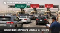 Bahrain road exit planning at the Saudi causeway as travelers queue in cars near border checkpoints