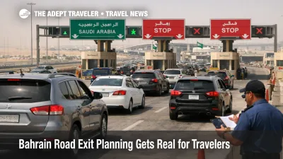 Bahrain road exit planning at the Saudi causeway as travelers queue in cars near border checkpoints