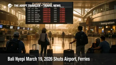 Bali Nyepi airport closure shown at DPS with subdued terminal activity and travelers waiting before the March 19 shutdown