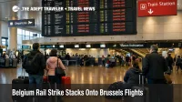 Belgium rail strike Brussels flights disruption shown at Brussels Airport with travelers waiting near canceled departures